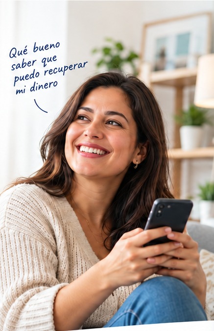 Mujer sonriente sentada en un living luminoso, con un teléfono; imagen ilustrativa